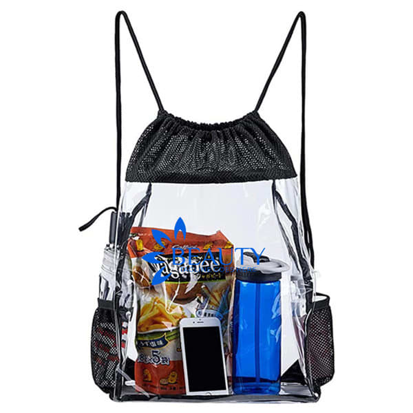 A clear PVC drawstring backpack, featuring a drink bottle, snacks, and a phone, with black mesh accents. PVC Clear Drawstring Backpack With Bottle Holder - Image 1