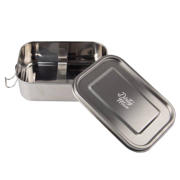 A stainless steel lunch box with a removable divider, featuring a shiny finish and a simple design. Stainless Steel Lunch Box - Image 1
