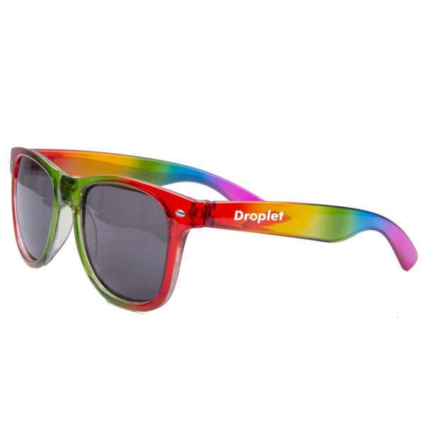 Rainbow Sun Ray Sunglasses feature a multicoloured frame with green, red, and purple accents and dark lenses. Rainbow Sun Ray Sunglasses - Image 1