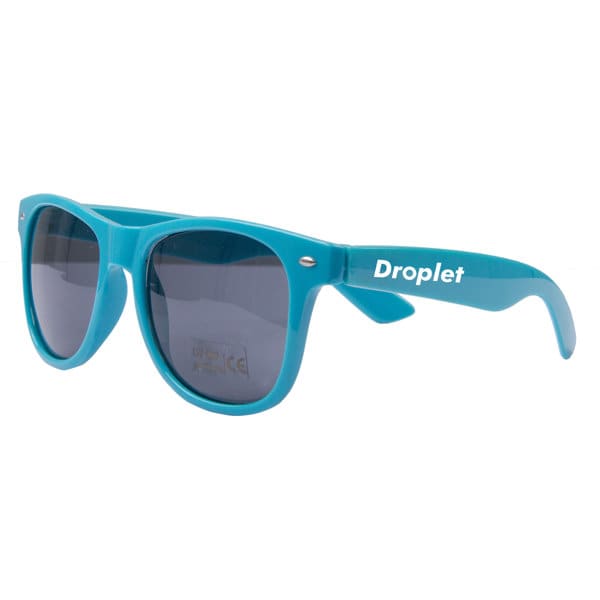 A pair of custom imprinted sunglasses in vibrant turquoise with dark lenses and a logo on the side. Custom Imprinted Sun Ray Sunglasses - Image 1