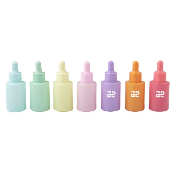 A drink bottle collection featuring eight 1 oz. glass dropper bottles in pastel colours with various shades and a logo. 1 oz. Colorful Glass Dropper Bottle - Image 1