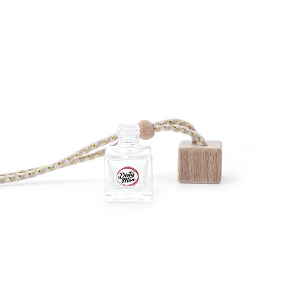 A clear glass perfume pendant bottle with a wooden cap and a decorative cord for hanging, featuring a logo. 10ml Car Perfume Pendant - Image 1