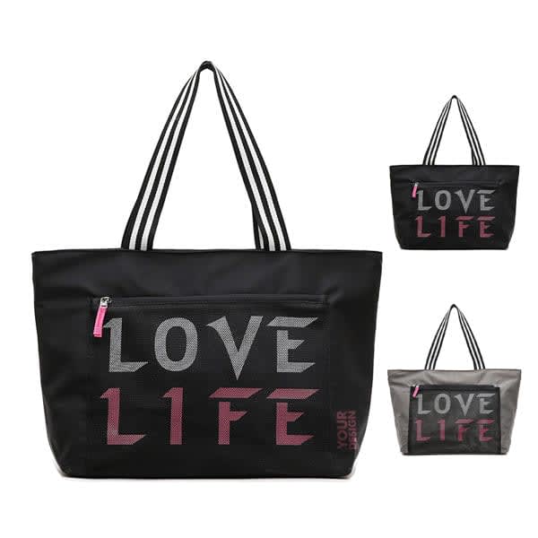 A black tote bag featuring a waterproof pocket, striped handles, and a logo. Also available in grey. Gym Oxford Tote Bag With Big Waterproof Pocket - Image 1
