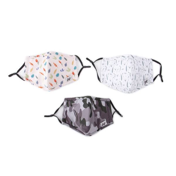 Three custom cotton face masks displayed, featuring a floral pattern, a white design, and a grey camouflage pattern. Custom Cotton Face Mask - Image 1