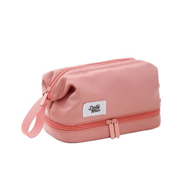 A pink double layer cosmetic bag with a brush compartment and a zip closure, featuring a loop handle. Double Layer Cosmetic Bag With Brush Compartment - Image 1