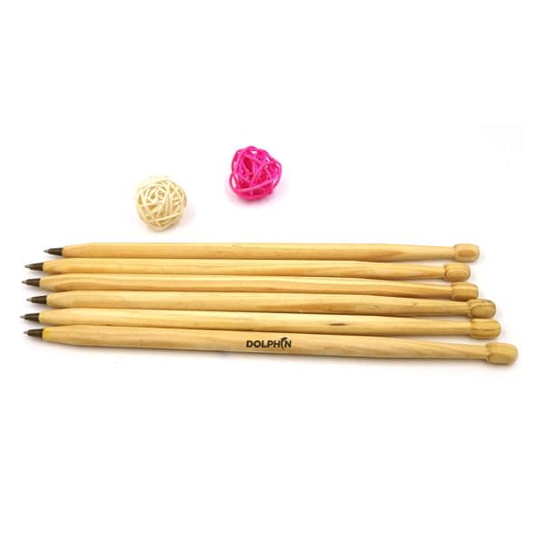 A set of wooden ballpoint pens in various shades, featuring a logo and accompanied by decorative rubber bands. Personalized Engraved Drumstick Ballpoint Pen - Image 1