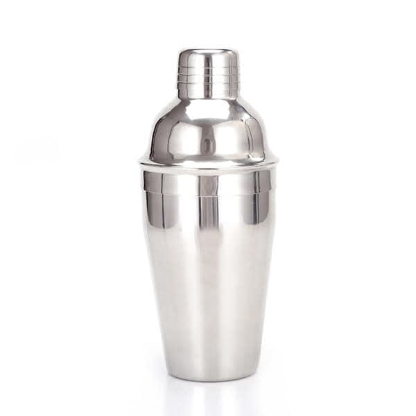 A stainless steel cocktail shaker in a sleek, polished silver finish, featuring a logo on its body. 25 oz. Stainless Steel Cocktail Shaker - Image 1