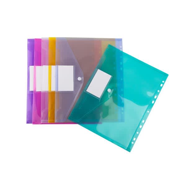 A set of clear plastic pocket binders in various colours, featuring multiple holes for easy organisation. 11 Holes Clear Plastic Pocket Binder - Image 1