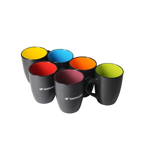 A black matte ceramic mug with a coloured interior in yellow, blue, red, orange, purple, and green. Features a logo. Black Matte Ceramic Mug With Colored Interior - Image 1
