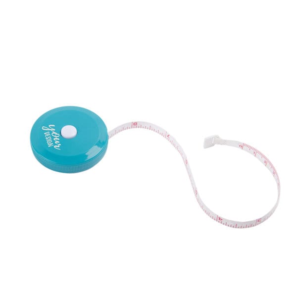 A teal round retractable tape measure with a white measuring tape featuring markings. It has a logo on the surface. 150cm Portable PVC Round Retractable Tape Measure - Image 1