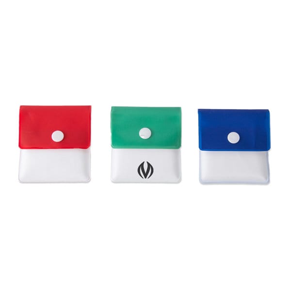 A set of three portable cigarette ash pouches in red, green, and white, each with a button closure and a logo. Portable Cigarette Ash Pouch - Image 1