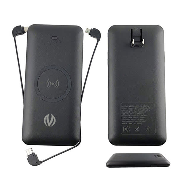 A black portable custom power bank with an integrated cable and wireless charging feature, featuring a logo. Portable Custom Power Bank - Image 1