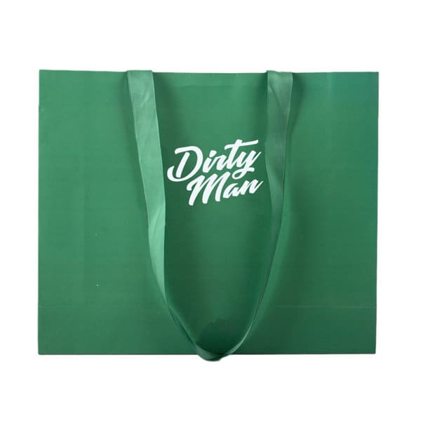 A green custom cardboard shopping bag with two handles and a logo on the front. Custom Cardboard Shopping Bag - Image 1