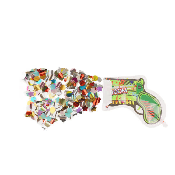 An inflatable fireworks gun with a straw, featuring colourful confetti shapes in various hues. Inflatable Fireworks Gun With Straw - Image 1