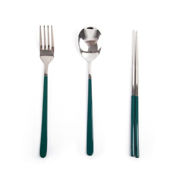 A stainless steel cutlery set featuring a fork, spoon, and chopsticks with green handles. 3Pcs Stainless Steel Cutlery Set - Image 1