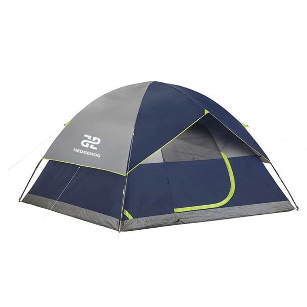 A two-person camping dome tent in navy blue and grey, featuring a logo and mesh windows for ventilation. 2 Person Camping Dome Tent - Image 1
