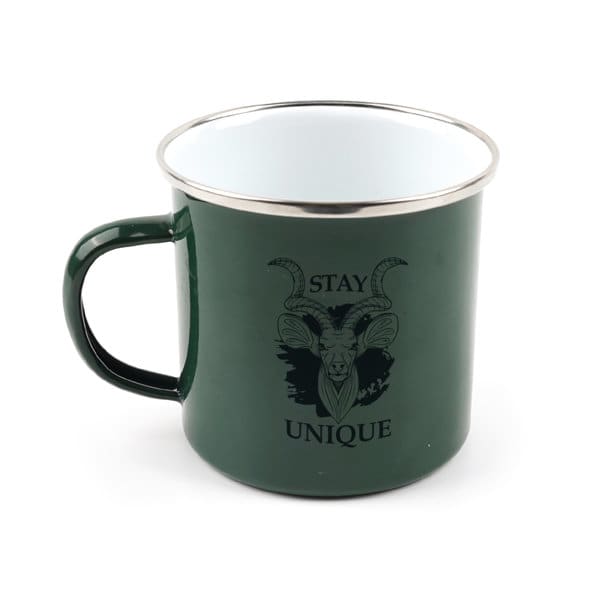 A green enamel mug with a silver rim, featuring a design and a logo on one side. Personalized 12 oz. Enamel Mug With Silver Rim - Image 1
