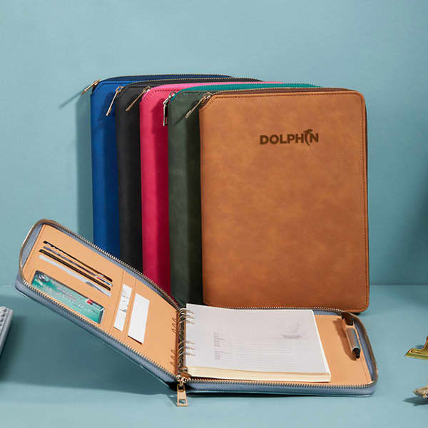 A5 padfolio with zipper, available in blue, pink, black, green, and brown, featuring pockets and an inner notepad. A5 Padfolio With Zipper - Image 1