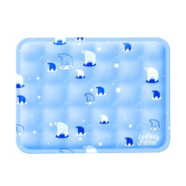 A blue pet cooling pad features polar bear designs on a textured surface, and includes branding in the corner. Small Pet Cooling Pad - Image 1