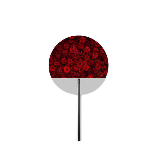 A round fan featuring a design of red roses with a black handle. It has a white lower section and a logo. Custom Plastic Chopsticks Handle Advertising Fan - Image 1
