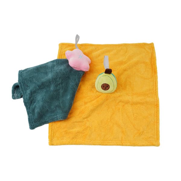 A bright yellow hand towel with a green towel, featuring a pink star and an avocado-shaped embellishment. Cute Hanging Hand Towel - Image 1