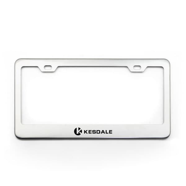 A silver stainless steel license plate frame with a logo at the bottom. US Standard Stainless Steel License Plate Frame - Image 1