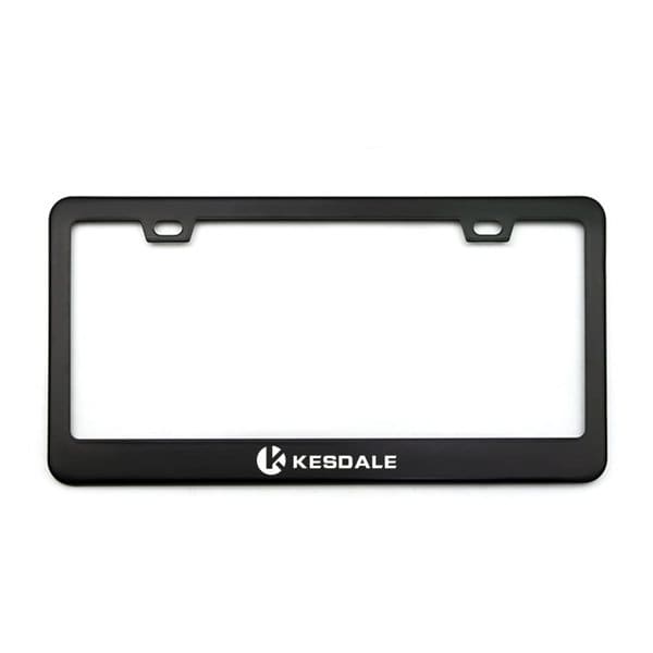 A black stainless steel license plate frame with a logo at the bottom and cutouts for mounting. American Gauge Stainless Steel License Plate Frame - Image 1