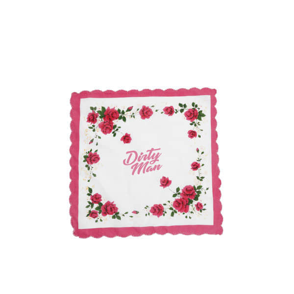 A vintage floral cotton handkerchief with pink roses on a white background and a scalloped edge. It features a logo in the centre. Heat Transfer Vintage Floral Cotton Handkerchief - Image 1