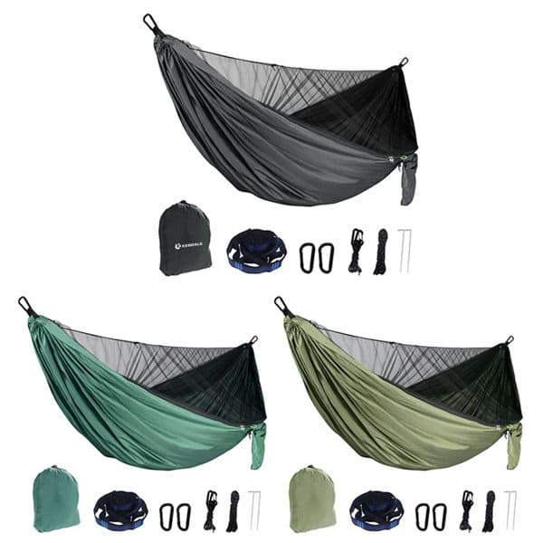 A camping hammock with mosquito net in grey, green, and black, accompanied by accessories and storage bags. Camping Hammock With Mosquito Net - Image 1