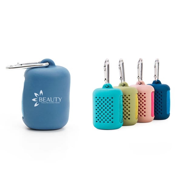 Portable sports towels in various colours with silicone cases, each featuring a carabiner clip and a logo. Portable Sports Towel With Silicone Case - Image 1