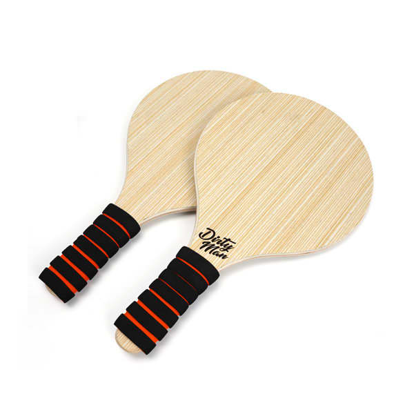 Two wooden beach rackets with a natural finish and black handles featuring orange stripes. Wooden Beach Racket - Image 1