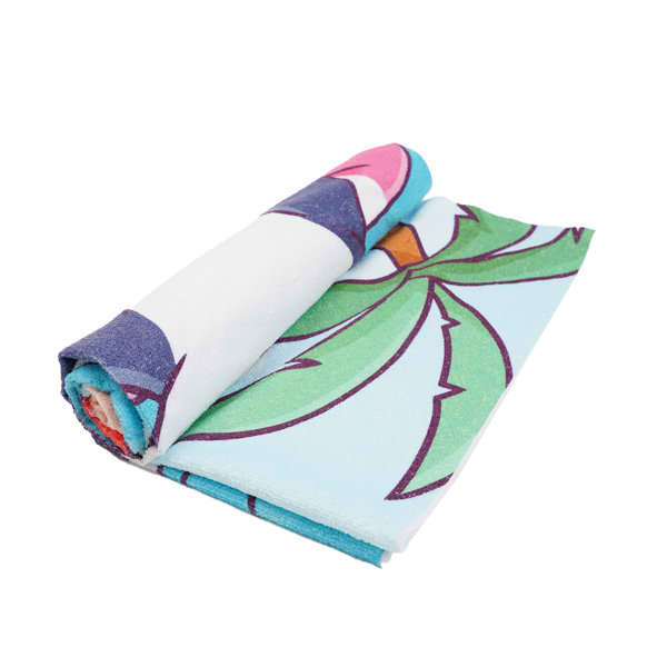 A rolled-up microfiber beach towel featuring a vibrant floral design in blue, green, and pink colours. Microfiber Full Color Print Beach Towel - Image 1