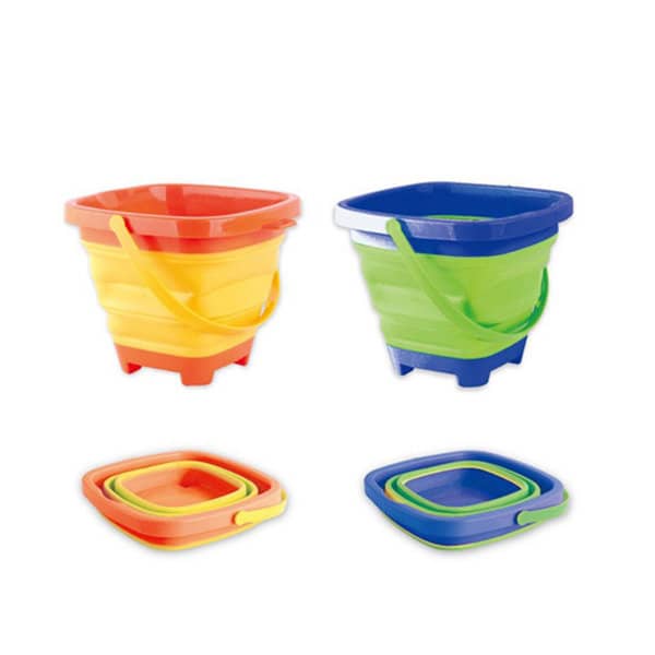 Four foldable portable buckets in vibrant colours: red, yellow, blue, and green, with a simple logo on some. Beach Foldable Portable Bucket - Image 1
