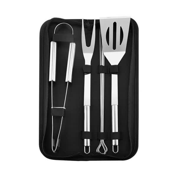 A stainless steel BBQ tool set with a carry bag, featuring tongs, a fork, and a spatula. 7Pcs BBQ Tool Set With Carry Bag - Image 1