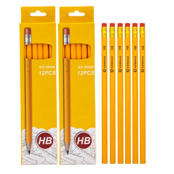 Twelve personalised HB pencils in yellow packaging with an eraser on top, featuring a logo. 12 Pcs Personalized HB Pencil - Image 1