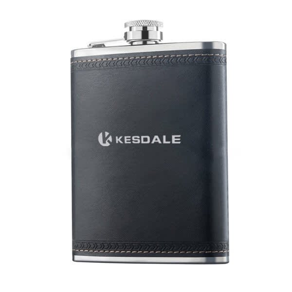 A stainless steel flask with a black leather cover and a silver cap, featuring a logo. 10 oz. Stainless Steel Flask - Image 1