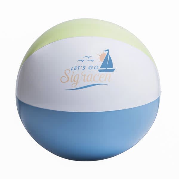 A 20" inflatable PVC beach ball featuring pastel green, white, and blue sections, with a logo on the surface. 20" Elastic Inflatable PVC Beach Ball - Image 1