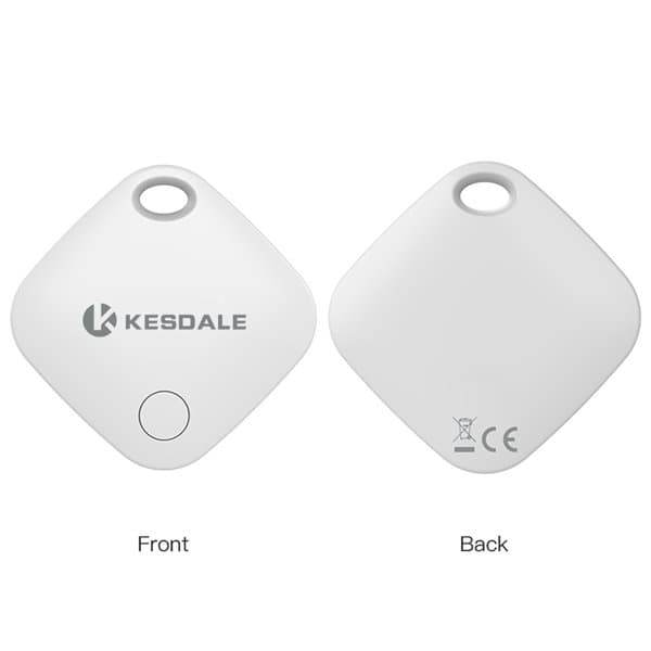 A white key finder device with a circular button and a hole for attachment, featuring a logo on the front. Promo Key Finder - Image 1