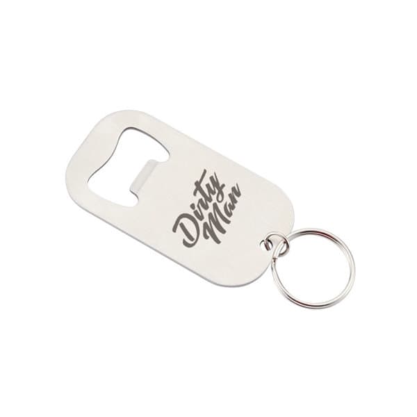 A drink bottle opener keychain made of stainless steel, featuring a silver colour and a logo. Engraved Stainless Steel Bottle Opener Keychain - Image 1