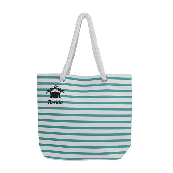 Striped beach bag with a rope strap in white and teal, featuring a logo. Striped Beach Bag With Rope Strap - Image 1