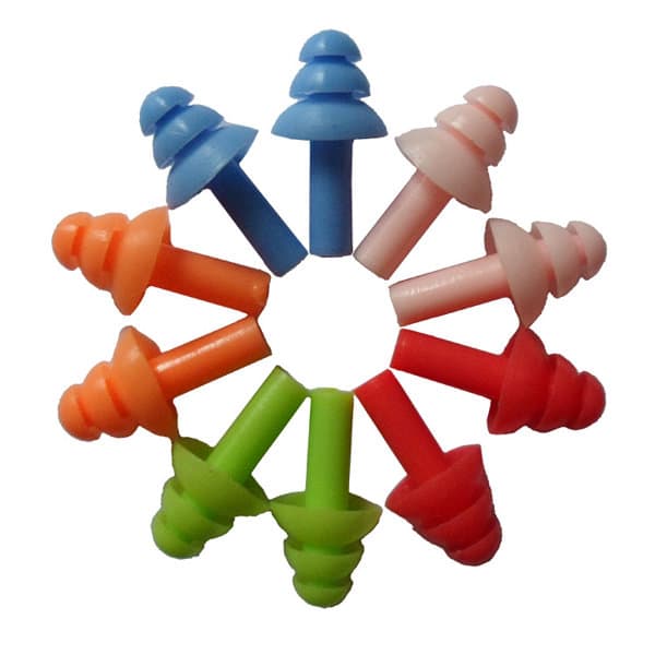 A circle of reusable silicone swimming earplugs in blue, pink, orange, green, and red, featuring a variety of shapes. Reusable Silicone Swimming Earplugs - Image 1