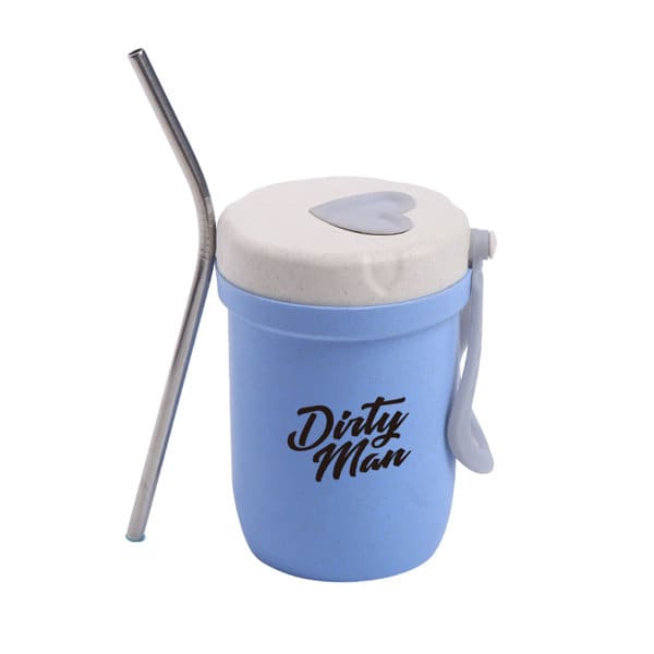 A drink bottle in light blue with a white lid and a metal straw, featuring a logo on the side. Wheat Straw Travel Cup With Straw - Image 1