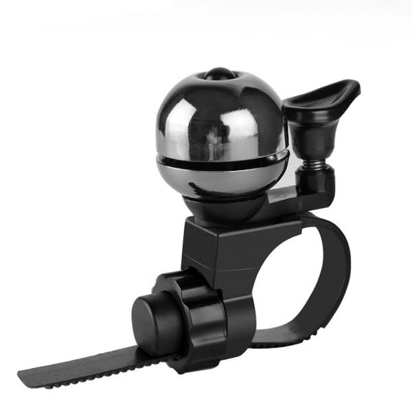 A retro mountain bike bell in chrome and black, featuring a classic design and an adjustable mounting strap. Universal Mountain Bike Retro Bell - Image 1