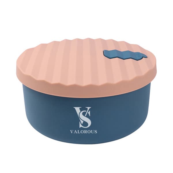 A round silicone lunch box in navy blue with a pink rippled lid and a logo. Food Grade Round Silicone Lunch Box - Image 1
