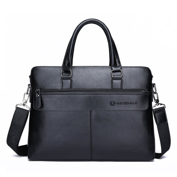 A black PU briefcase with dual handles and a detachable shoulder strap, featuring a front zip pocket and a logo. PU Briefcases Business Handbag - Image 1