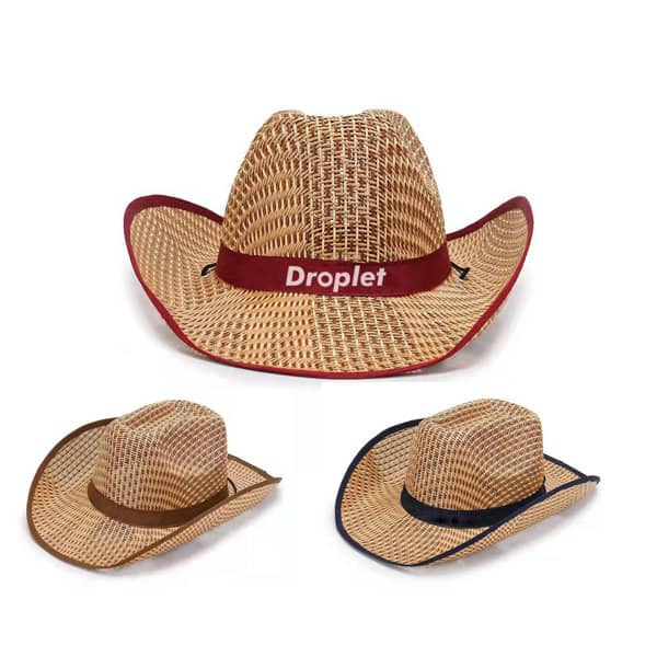 A straw cowboy hat in tan with red, brown, and navy options, featuring a logo on the band. Custom Shapeable Cowboy Straw Hat - Image 1