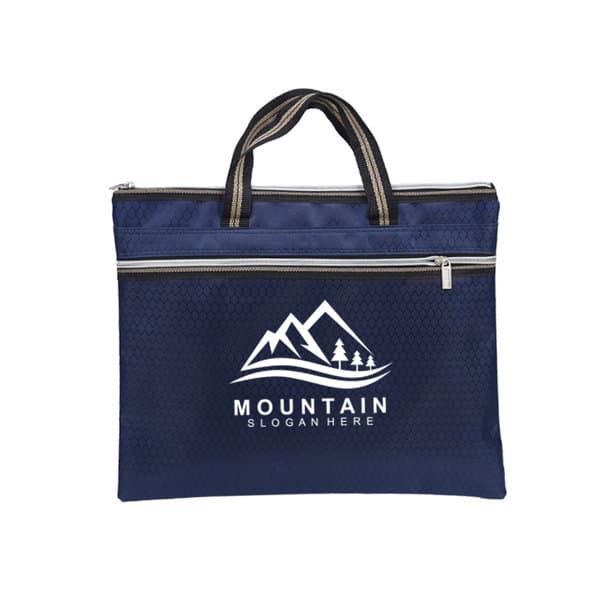 A navy blue Oxford cloth business briefcase with dual handles and a logo on the front. Features a zippered closure. Oxford Cloth Business Briefcase - Image 1