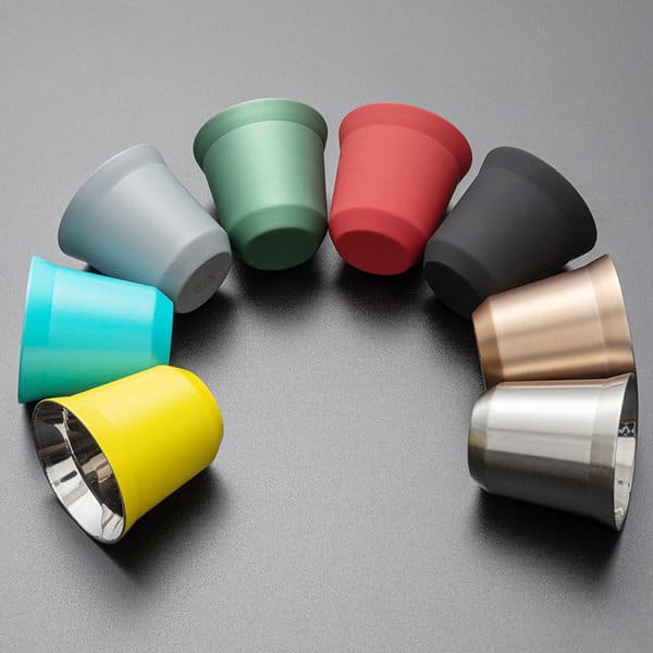 A set of eight stainless steel double wall espresso cups in various colours including red, green, blue, yellow, and black. 160ML Stainless Steel Double Wall Espresso Cup - Image 1