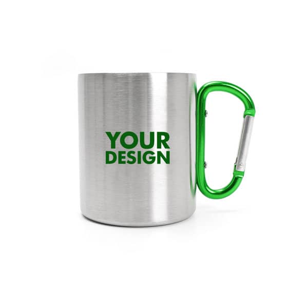 A stainless steel cup with a green carabiner hook handle, featuring a logo on the front. 10 oz. Stainless Steel Cup With Carabiner Hook - Image 1
