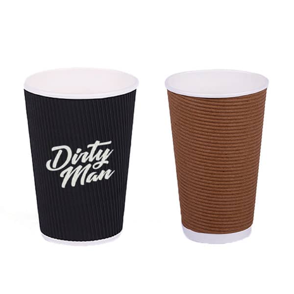 A disposable corrugated paper coffee cup, featuring black and brown designs, with a white interior and a logo. 22 oz. Disposable Corrugated Paper Coffee Cup - Image 1